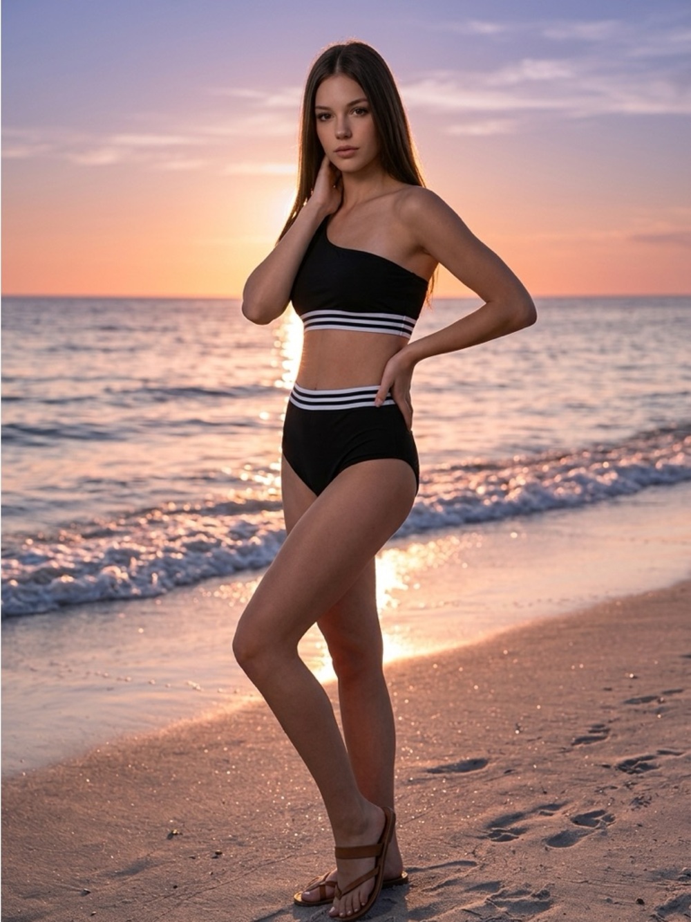 Black One-Shoulder High-Waist Bikini with Striped Band